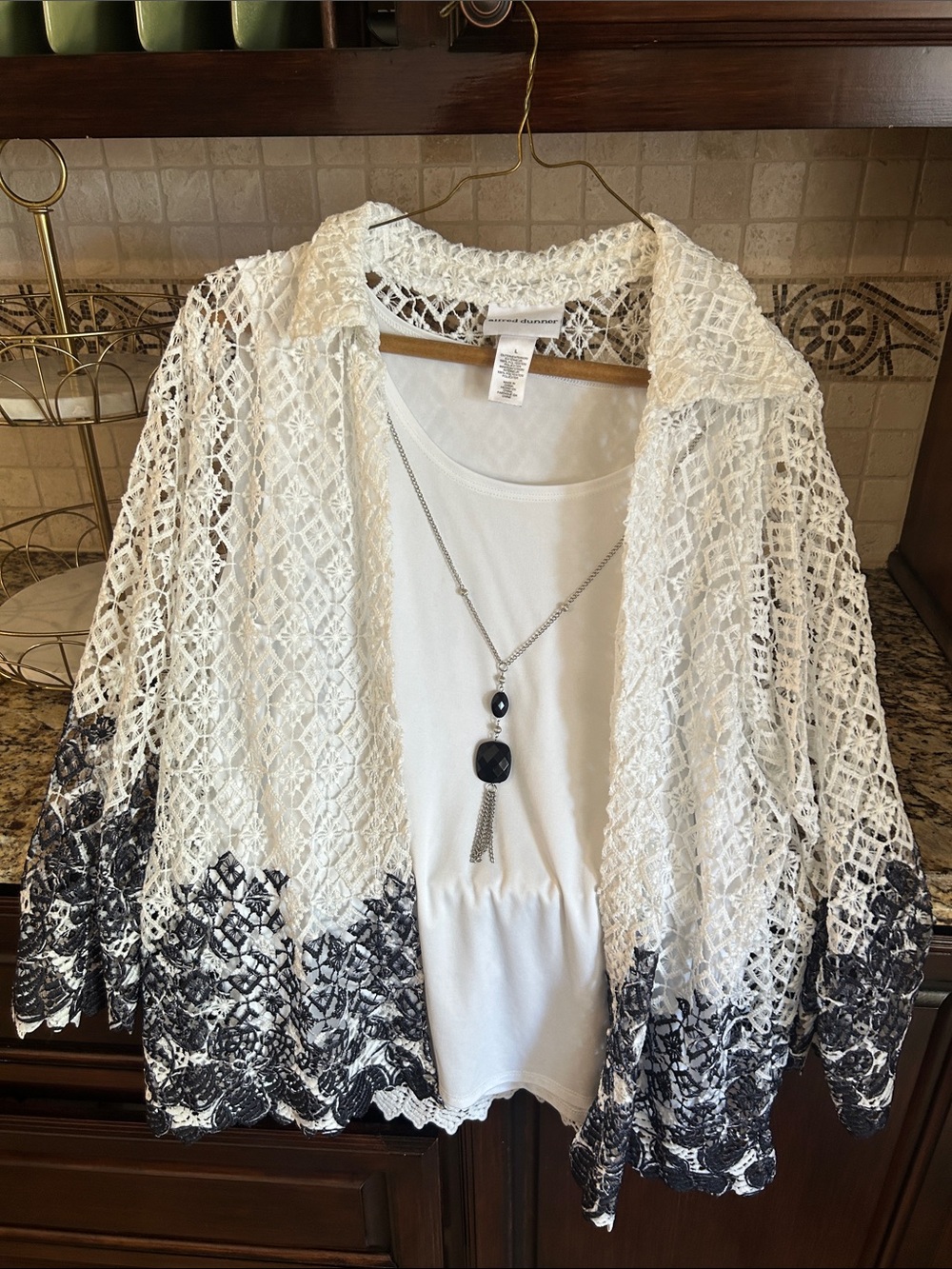 Alfred Dunner White Crochet Lace Open-Front Jacket with Black Ombre